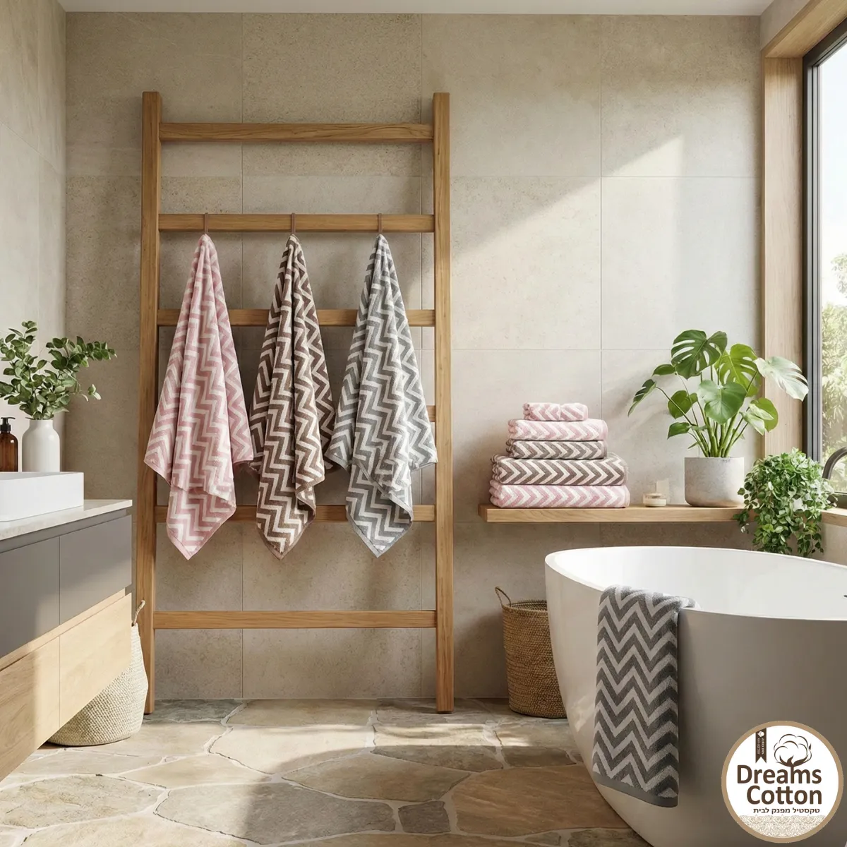 סט מגבות גוף ופנים מעוצבות דגם שברון 550 גרם למראה יוקרתי בחדר הרחצה